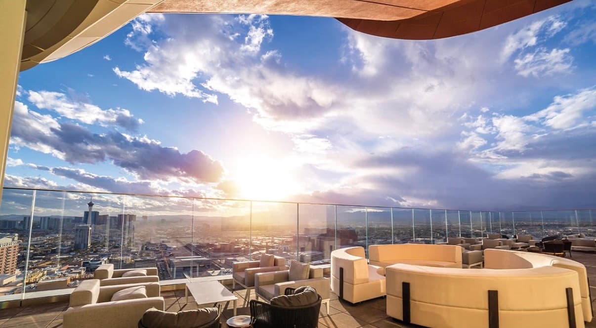Legacy Club rooftop at sunset — Las Vegas panorama